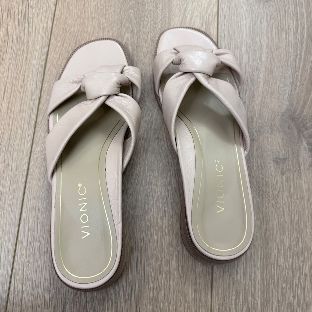 TT Vionic Mabel Leather Knotted Slide Sandals Cream Square Toe Block Heel  8 - Picture 7 of 10
